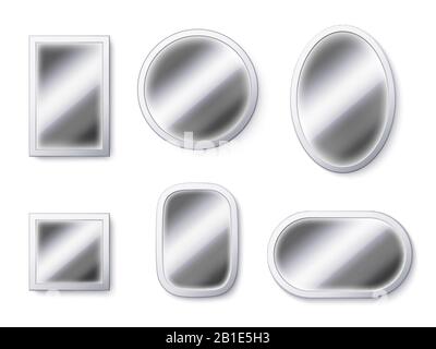 Realistic mirrors surfaces. Mirror frame, reflective surface and mirroring glass 3D isolated vector illustration Stock Vector