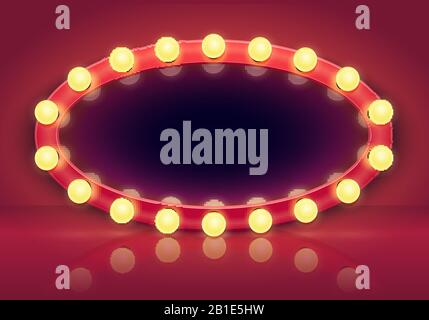 Makeup mirror. Lights mirrors frame, lighting bulbs and backstage dressing room interior vector illustration Stock Vector