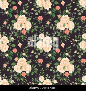 Rose flowers pattern. Roses black print, flower buds and floral seamless vector dark background illustration Stock Vector