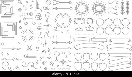 Retro line emblem elements. Vintage decorative drawing badges, old style lined dividers and frame borders lines vector set Stock Vector