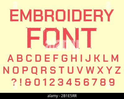 Sewing embroidery alphabet. Fabric embroidered letters, vintage textile font and fabrics sew thread letter vector symbols set Stock Vector