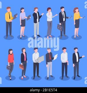 Isometric business office people. Bank employee, corporate businessman and businesswoman vector illustration set Stock Vector