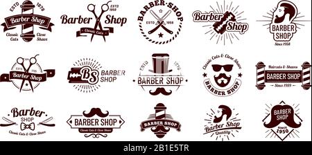 Vintage barber badges. Gentleman haircut styling, barbershop razor and shave salon. Mans hair haircuts badge vector illustration set Stock Vector