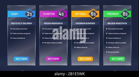 Glassy tariff plans comparison. Tariffs price list, buy banners and website pricing chart transparent glass vector set Stock Vector