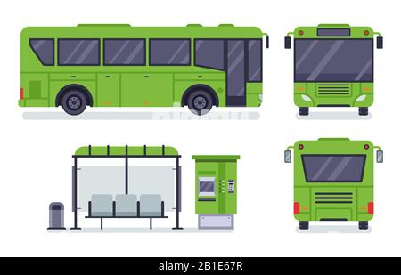 Flat city bus. Public transport stop, autobus ticket office and buses vector illustration set Stock Vector