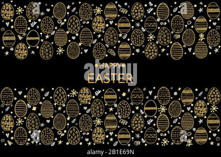 Happy Easter greeting card. Happy Easter phrase and hand drawing eggs, stars, flowers and circles isolated on dark background. Stock Vector