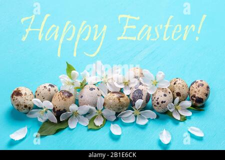 Festive Easter greeting card with spotted quail eggs and white Apple tree flowers and yellow written in chalk words Happy Easter on turquoise painted Stock Photo