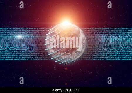 Planet earth, binary code, sunrise in universe. Information Technology Stock Photo
