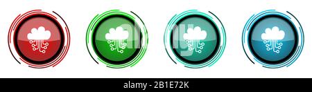 Cloud computing round glossy vector icons, technology, circuit, data set of buttons for webdesign, internet and mobile phone applications in four colo Stock Vector