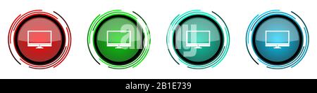 Screen round glossy vector icons, monitor, display, computer set of buttons for webdesign, internet and mobile phone applications in four colors optio Stock Vector