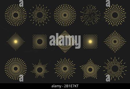 Golden sunburst. Radiant sun flame, sunburst rays border and retro shine sparkle lines badge vector set Stock Vector