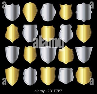 Shield silhouette. Retro crests frame, silver metal security shielding emblem and golden heraldic shields silhouettes vector set Stock Vector