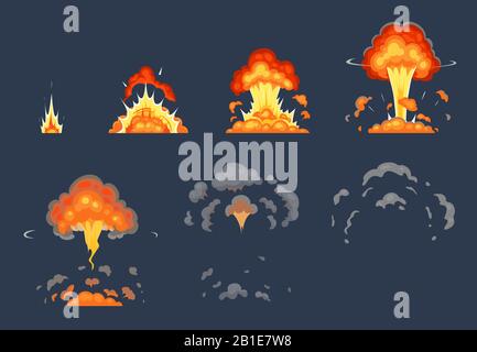 Cartoon bomb explosion animation. Exploding animated frames, atomic explode effect and explosions smoke vector illustration set Stock Vector