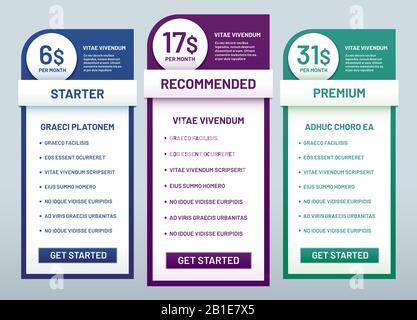 Tariff plans comparison. Recommended tariffs, price list banners and prices plan template vector illustration Stock Vector