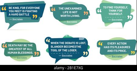 Quote in quotes frames. Socrates quotes, speech stickers and comment box badge vector set Stock Vector