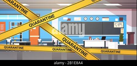 epidemic MERS-CoV quarantine caution on yellow warning tape modern school classroom interior coronavirus infection wuhan 2019-nCoV pandemic health risk concept horizontal vector illustration Stock Vector