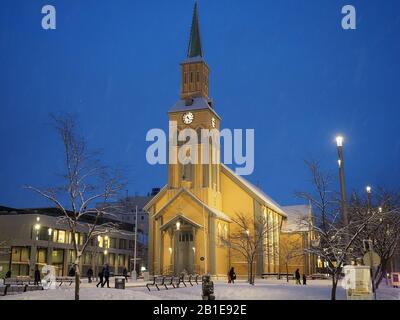 Front view of Tromsø Cathedral in Norway probably the northernmost Protestant cathedral in the world on a snowy evening in February Stock Photo