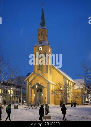 Front view of Tromsø Cathedral in Norway probably the northernmost Protestant cathedral in the world on a snowy evening in February Stock Photo