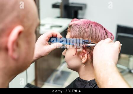 Back view of woman having her hair cut at the hairdresser's, closeup. Stock Photo
