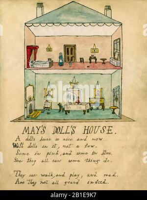 Victorian doll's house or dollhouse.  On the lower level is the living room, drawing room or family room, with a gentleman by the fire reading a newspaper.  On the upper level is a bedroom.  Page of watercolour painting and handwritten verse created in or around 1880 by Victorian children living in England.  Part of a manuscript volume compiled by the children for their cousin, May Chatteris Fisher (1874-1910), then aged about five. Stock Photo