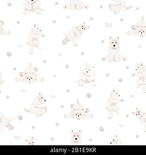 Yoga dogs poses and exercises seamless pattern design. West Highland White Terrier clipart. Vector illustration Stock Vector