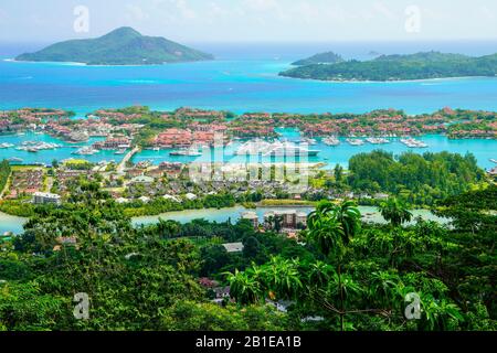 Elevated view of Mahe' Island and Indian Ocean, Seychelles. Stock Photo