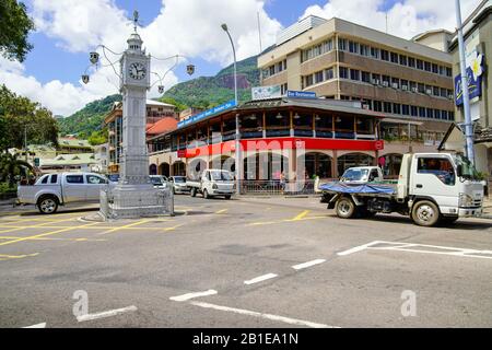 The Victoria Clocktower in the center of Victoria Capital City on Mahe Island, Seychelles. Stock Photo