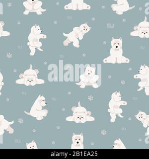 Yoga dogs poses and exercises seamless pattern design. West Highland White Terrier clipart. Vector illustration Stock Vector