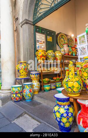 Local ceramic gift shop. Lemon colors. Traditional ceramic souvenirs for sale. Amalfi coast, Italy. Stock Photo
