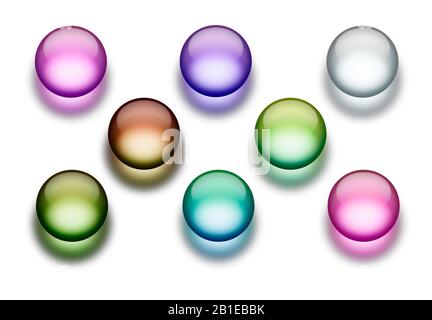 3D computer graphic, water drops in eight different colors Stock Photo