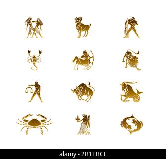 3D computer graphic, 12 golden zodiacs againste white background Stock Photo