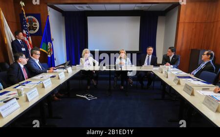 Los Angeles, USA. 24th Feb, 2020. Kathryn Barger (4th R), chair of the Los Angeles County Board of Supervisors, speaks at a roundtable about the novel coronavirus disease (COVID-19) outbreak, in downtown Los Angeles, the United States, Feb. 24, 2020. Los Angeles County officials on Monday expressed solidarity with China in fighting against the novel coronavirus. Credit: Li Ying/Xinhua/Alamy Live News Stock Photo