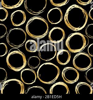 Seamless pattern of gold hand drawn circles, elements on black background. Hand-drawn painted elements. Stock Vector
