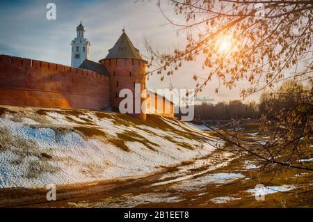 Veliky Novgorod Kremlin fortress at early spring sunset in Veliky Novgorod, Russia, panoramic view, hdr processing applied Stock Photo