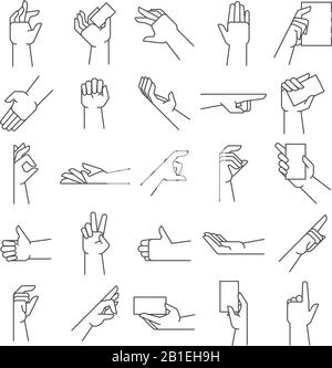 Line hand gestures. Pointing gesture, hold in hands and like icon vector illustration set Stock Vector