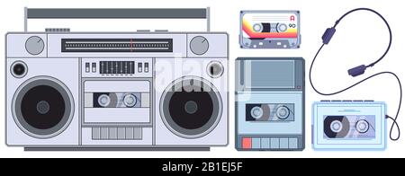 Retro tape player. Vintage cassette music players, old sound recorder and audio cassettes vector illustration set Stock Vector