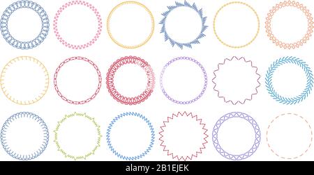 Sewing circle frames. Embroidered borders, stitched round frame and sew seams border pattern vector illustration set Stock Vector