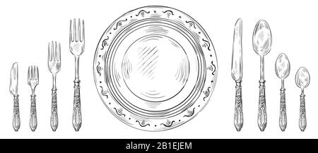 Vintage table setting. Hand drawn dinner knife, sketch plate and engraving cutlery. Restaurant fork and spoon vector illustration set Stock Vector