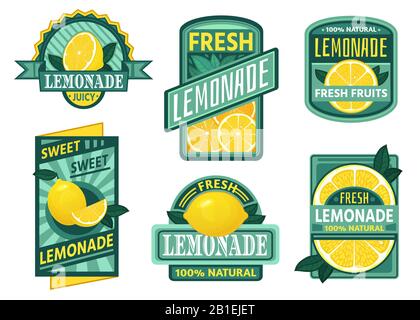 Lemonade badge. Lemon syrup, fresh lemonades emblems and lemons fruits juice drink vintage badges vector set Stock Vector