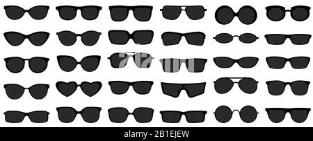 Sunglasses icons. Black sunglass, mens glasses silhouette and retro eyewear icon vector set Stock Vector