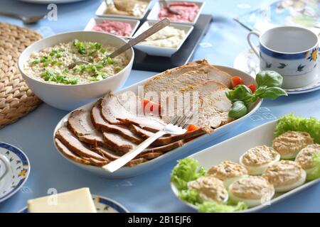 Polish traditional Easter breakfast dishes  on festive table Stock Photo