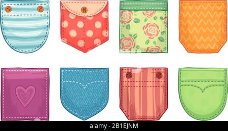 Patch pockets for denim shirt and pants. Vector cartoon set of