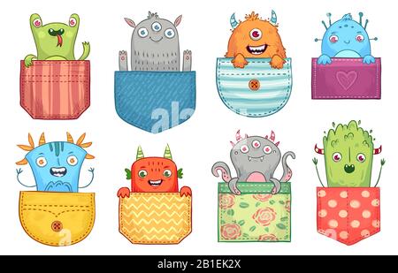 Cartoon pocket monster. Funny monsters in pockets, scary halloween creatures and little boo monster vector illustration set Stock Vector