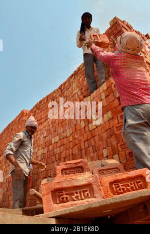 Brick factory where families are making bricks with clay before drying them under the sun and in oven using straws. There is about 25 millions people Stock Photo