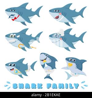 Cartoon sharks family. Newborn baby shark, comic marine father and cheerful mother sharks characters vector illustration set Stock Vector