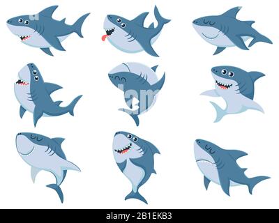 Cartoon sharks. Comic shark animals, scary jaws and ocean swimming angry sharks vector illustration set Stock Vector