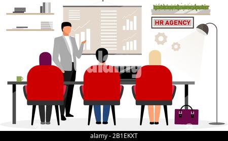 HR agency workers meeting flat vector illustration. Boss, top manager making presentation, report. Chief expert giving instructions to headhunters Stock Vector