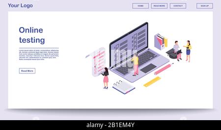 Online testing webpage vector template with isometric illustration Stock Vector