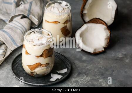 coconut tiramisu in glass, typical desert of Latin America region, Cuba and Colombia, tarta de coco Stock Photo