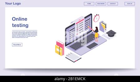 Online testing webpage vector template with isometric illustration Stock Vector